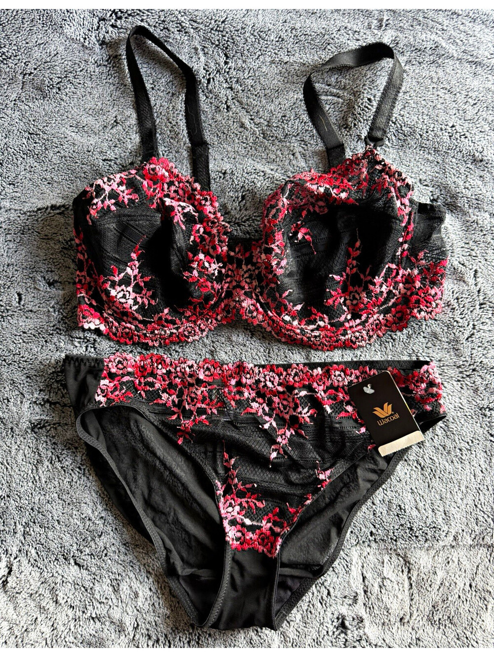 Wacoal Underwire Bra & Panty Set 38D Black Pink Red Floral Lace Mesh - READ